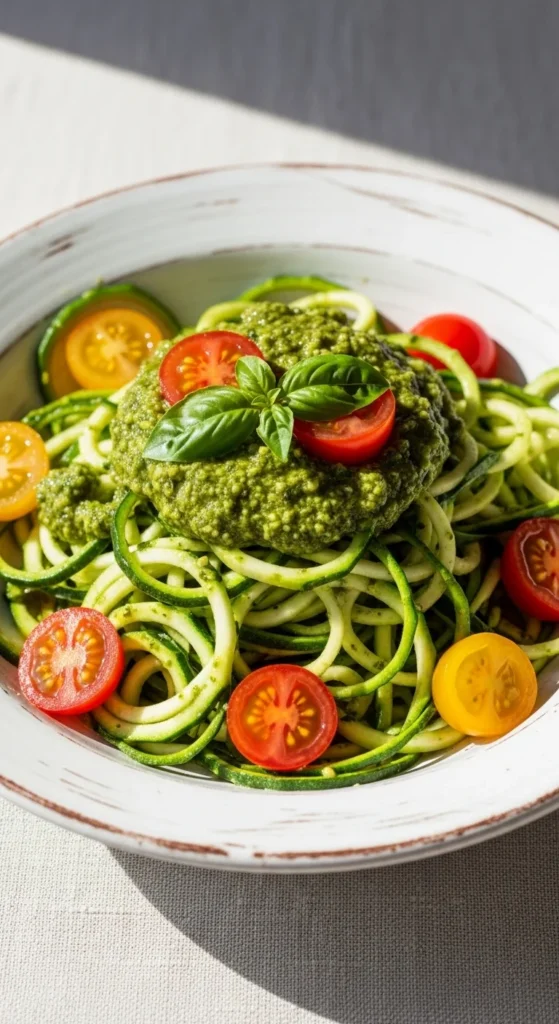 16. Zucchini Noodles with Pesto and Cherry Tomatoes
