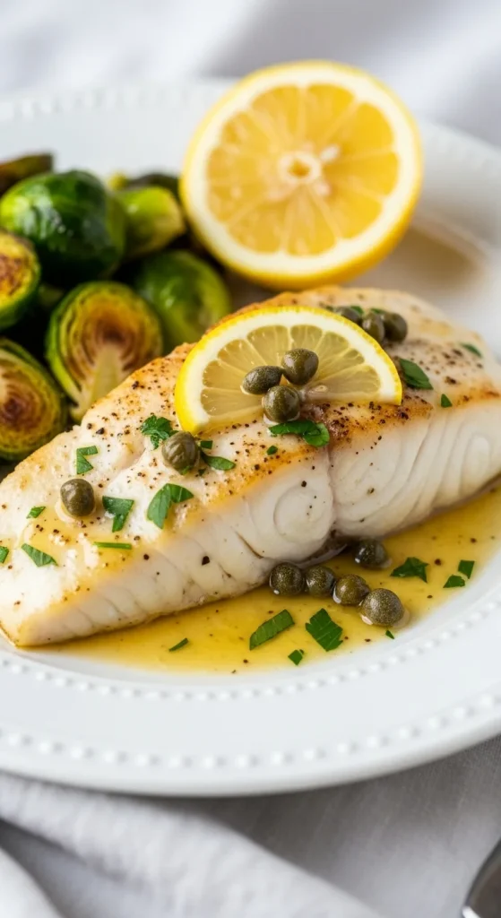 16. Baked Halibut with Lemon Caper Sauce