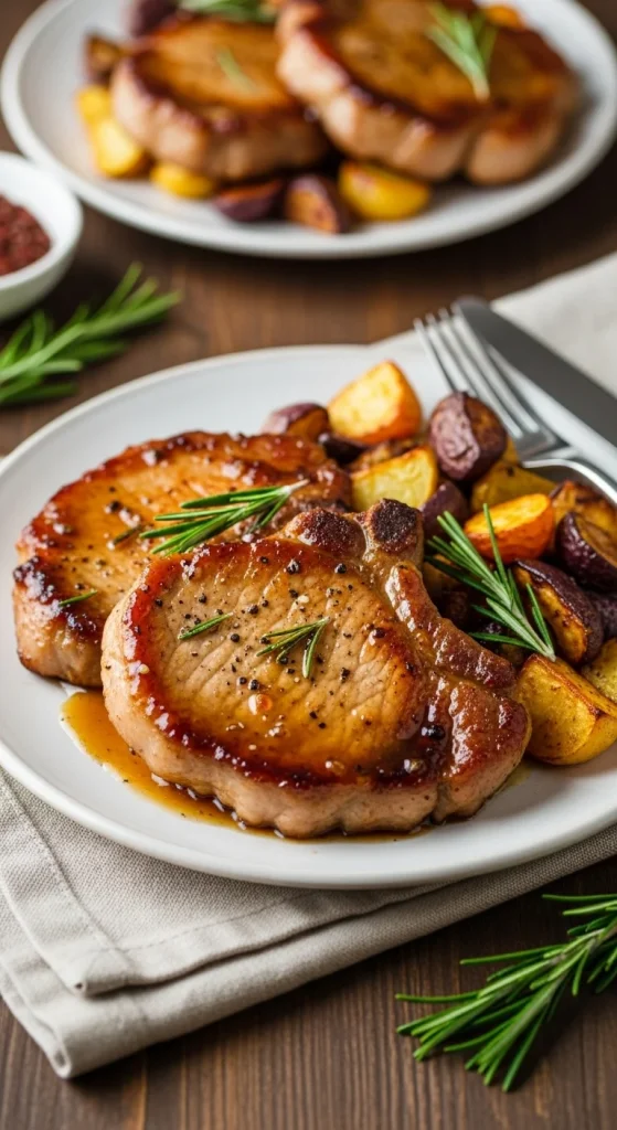 18. Maple Glazed Pork Chops with Roasted Root Vegetables