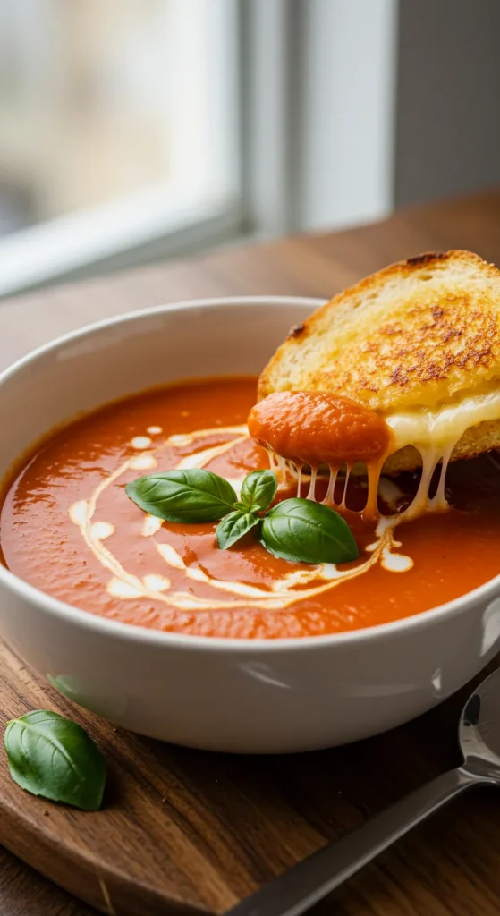 4. Creamy Tomato Basil Soup with Grilled Cheese