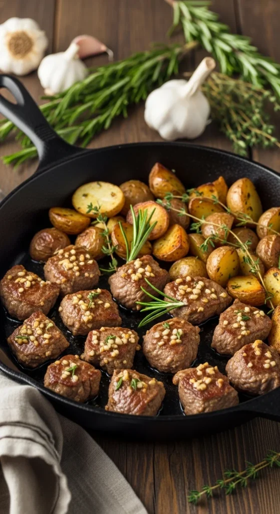 6. Garlic Butter Herb Steak Bites with Potatoes