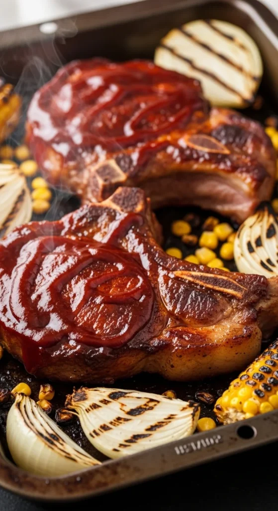 8. BBQ Pork Chops with Corn and Onions