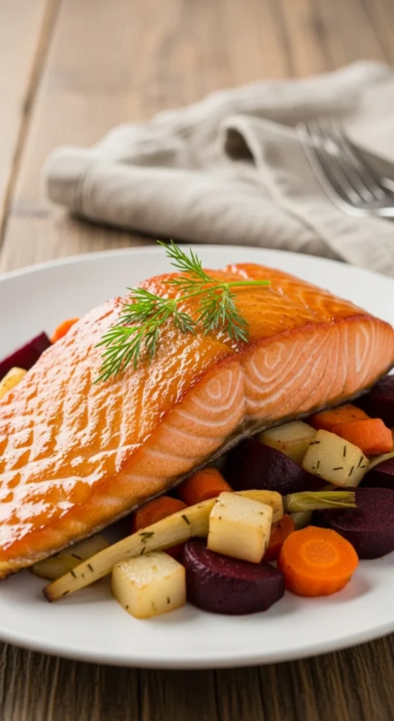 9. Maple Glazed Salmon with Roasted Root Vegetables