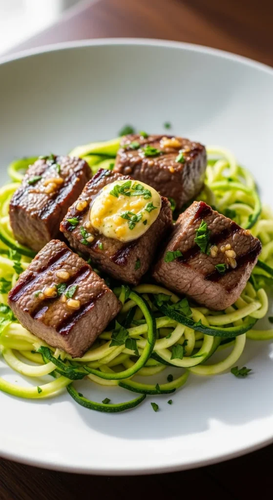 1. Garlic Butter Steak Bites with Zucchini Noodles