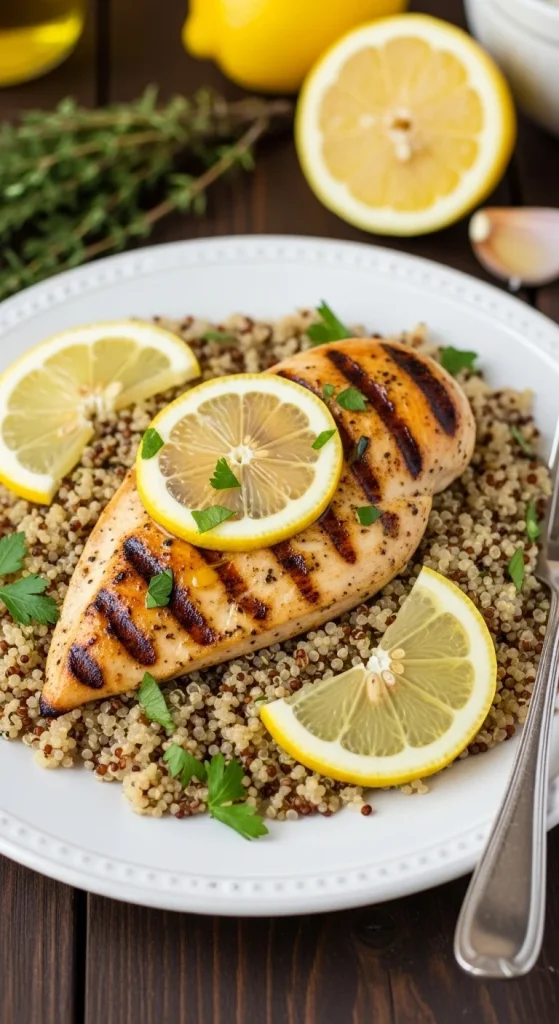 1. Lemon Garlic Grilled Chicken with Quinoa 