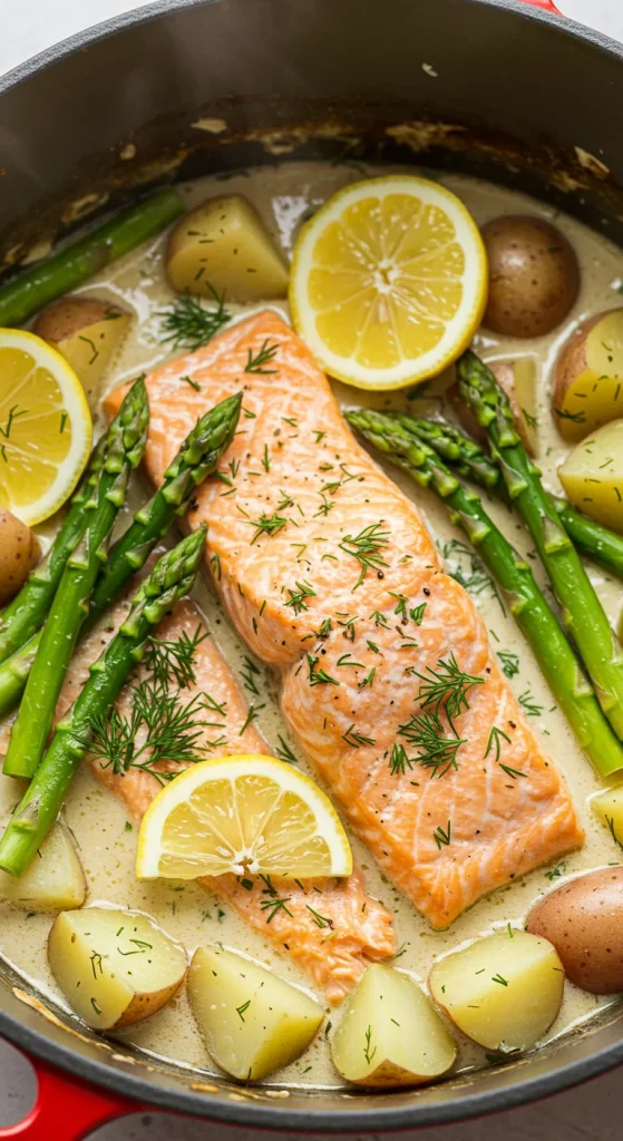 10. Salmon and Asparagus Bake – Wait, One Pot Simmer