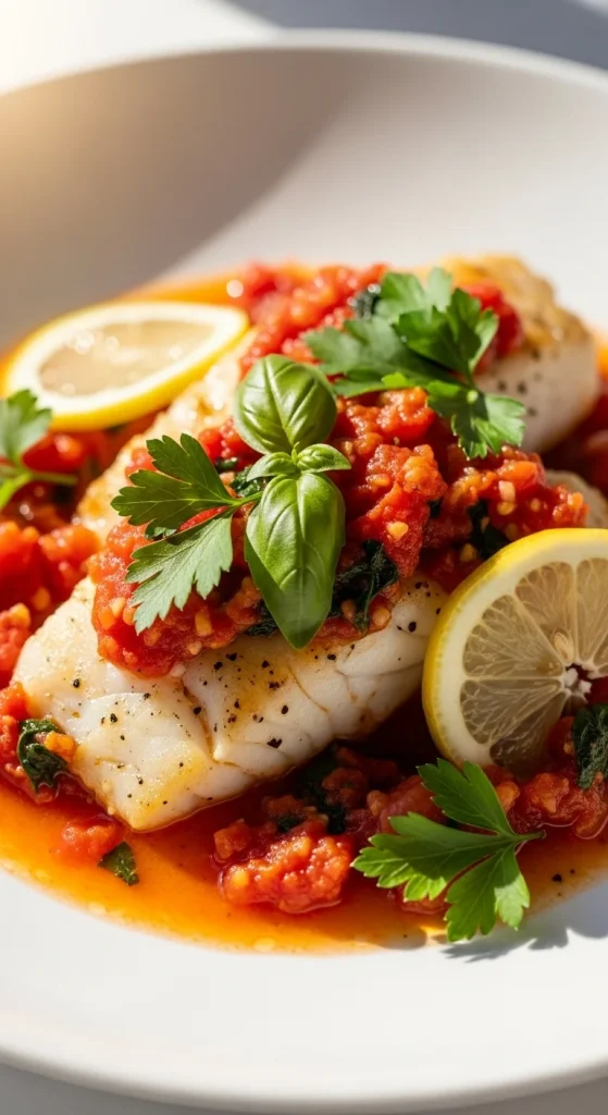 12. Baked Cod with Tomato Herb Sauce