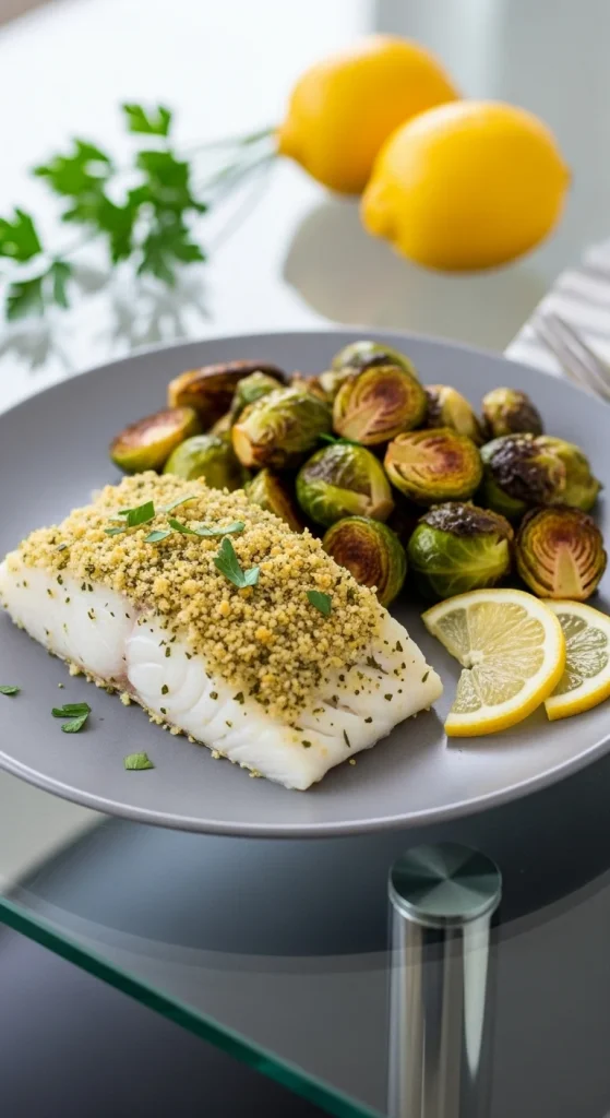 13. Baked Cod with Roasted Brussels Sprouts