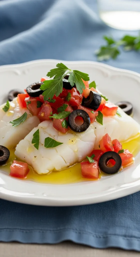 13. Baked Cod with Tomato and Olive Relish