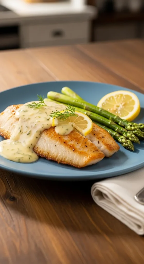 13. Baked Flounder with Lemon Dill Sauce