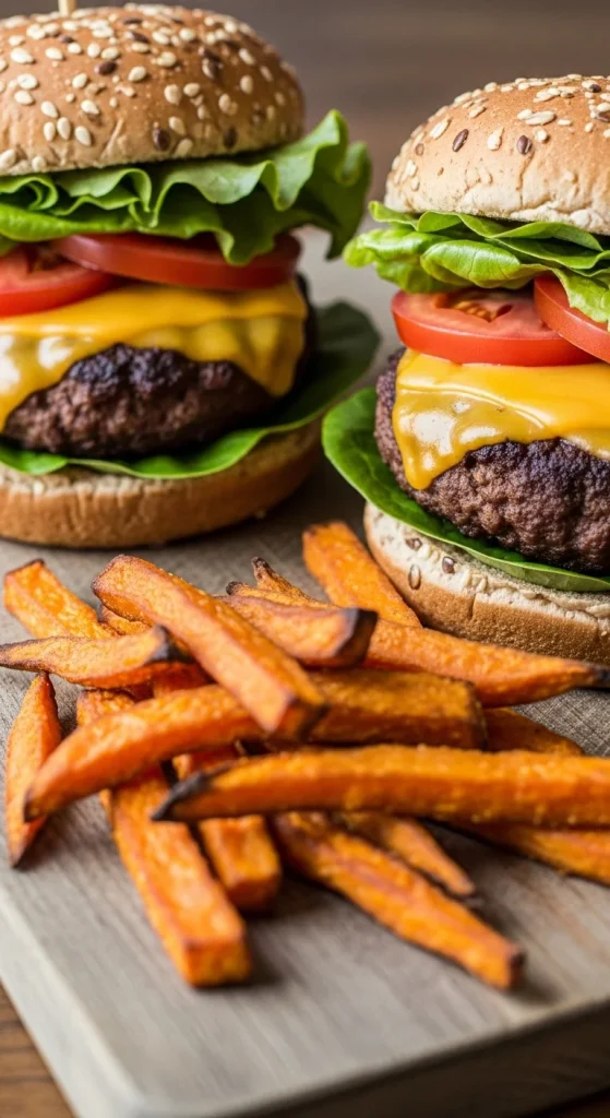 15. Bison Burgers with Sweet Potato Fries