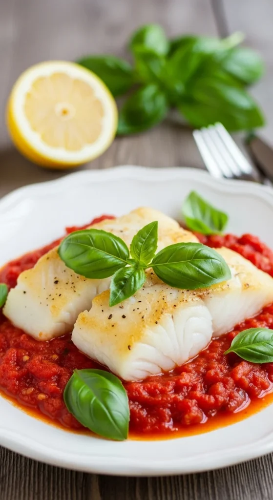 16. Baked Cod with Tomato Basil Sauce