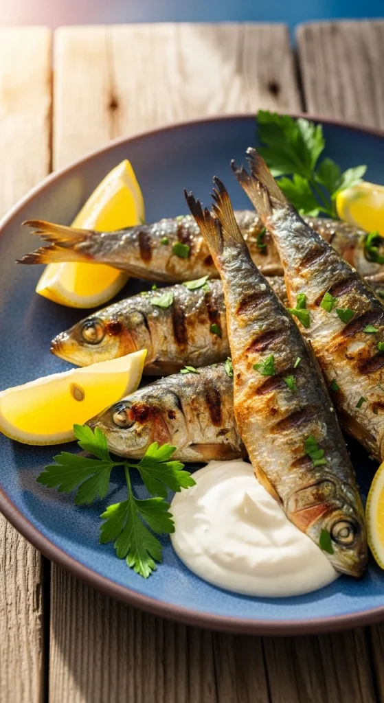 16. Grilled Sardines with Garlic Aioli
