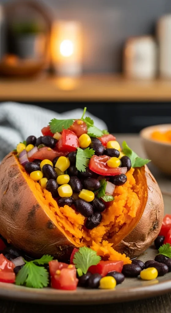 19. Baked Sweet Potato with Black Bean Salsa