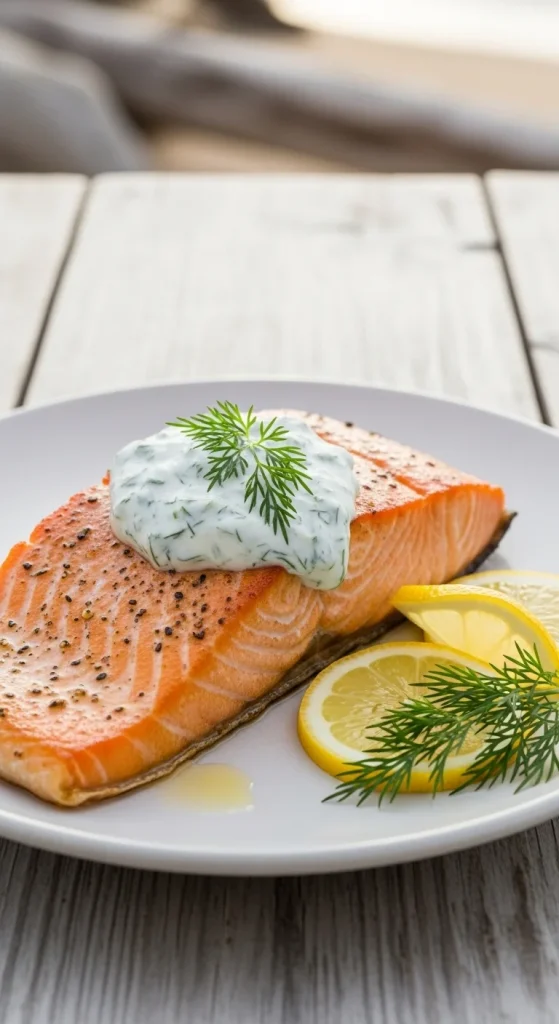 20. Baked Salmon with Dill Yogurt Sauce