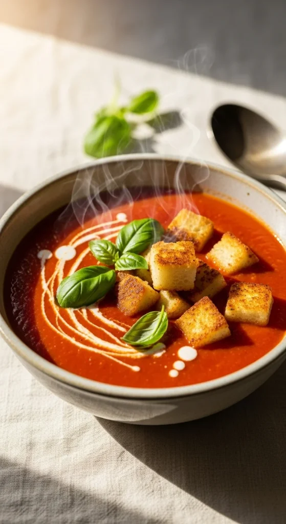 20. Tomato Basil Soup with Grilled Cheese Croutons