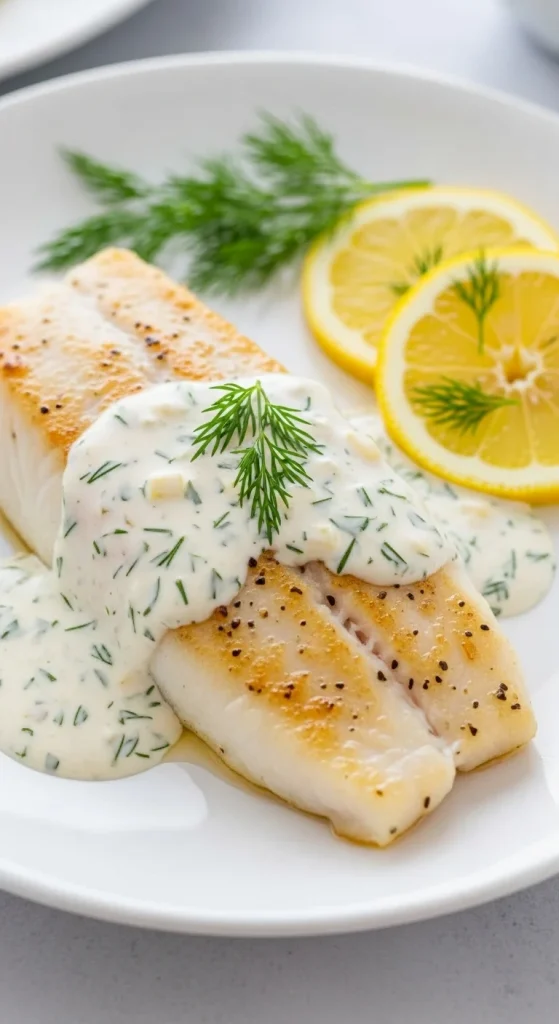21. Baked Pollock with Lemon Dill Sauce