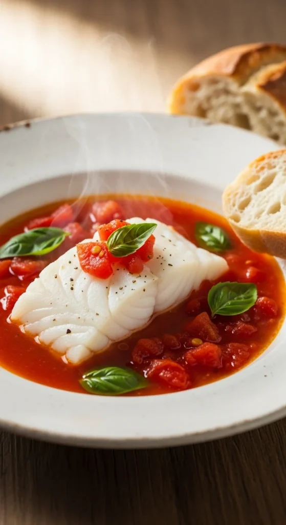 21. Poached Cod with Tomato Basil Broth