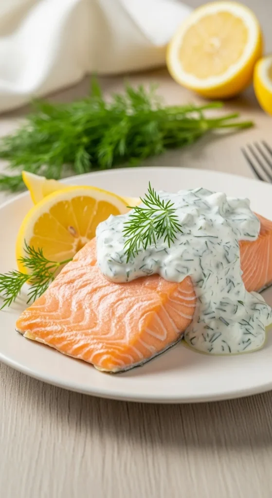 22. Baked Salmon with Dill Yogurt Sauce