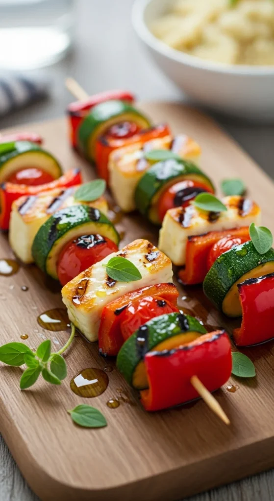 23. Grilled Vegetable and Halloumi Skewers