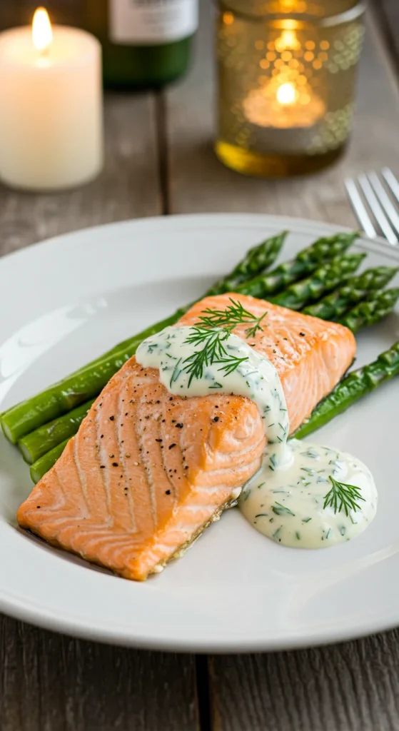 3. Baked Salmon with Asparagus and Lemon Herb Sauce