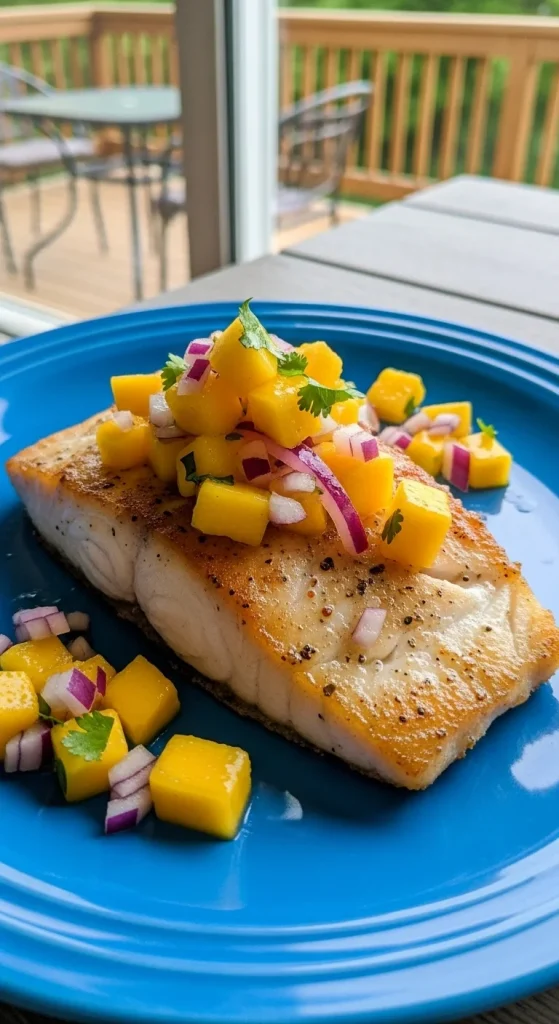 5. Pan-Seared Halibut with Mango Salsa