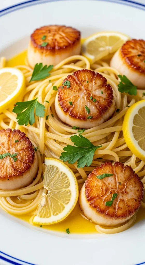 7. Lemon Garlic Butter Scallops Over Linguine