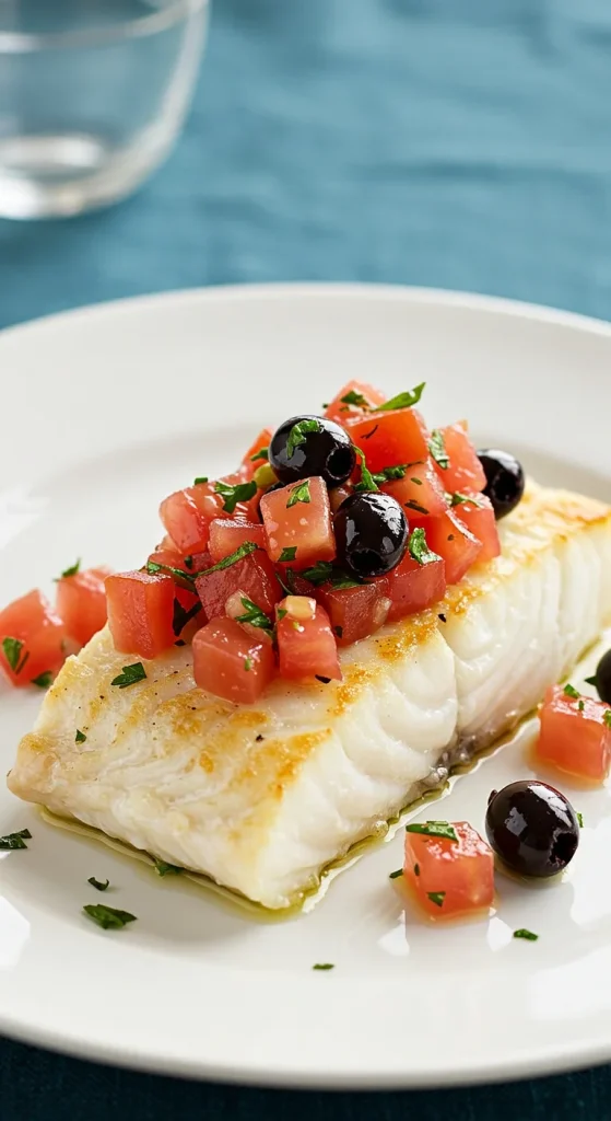 8. Baked Cod with Tomato and Olive Relish