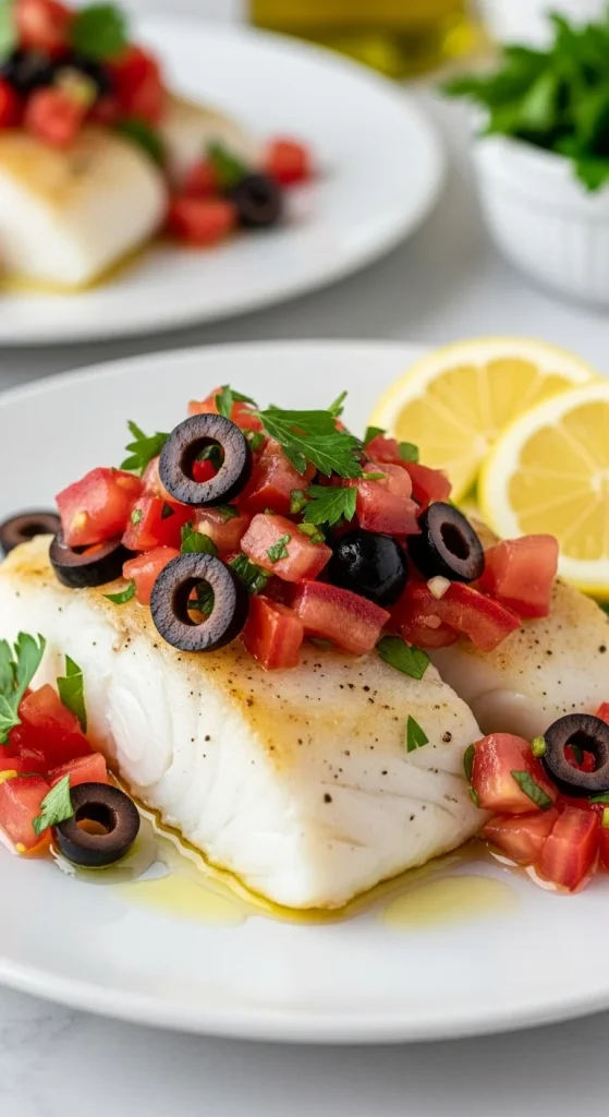 9. Baked Cod with Tomato and Olive Relish